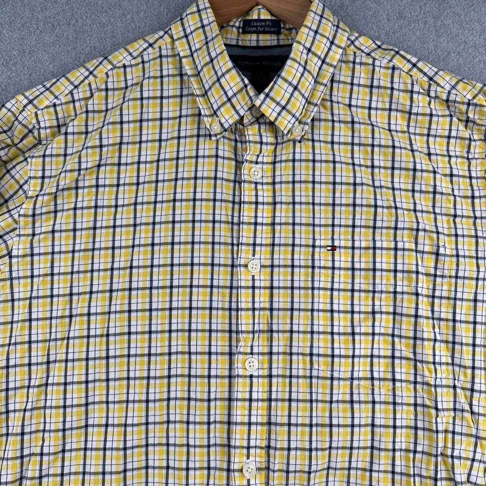 Tommy Hilfiger Shirt Mens Large Custom Fit Yellow Plaid Button-Down Long Sleeve
